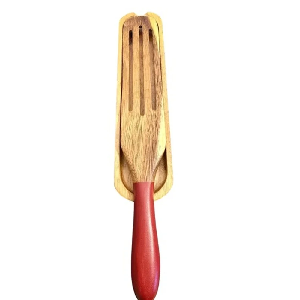 Mad Hungry Acacia Wood Kitchen Set Slotted Spurtles Holder Red‎ Handles 7 Piece